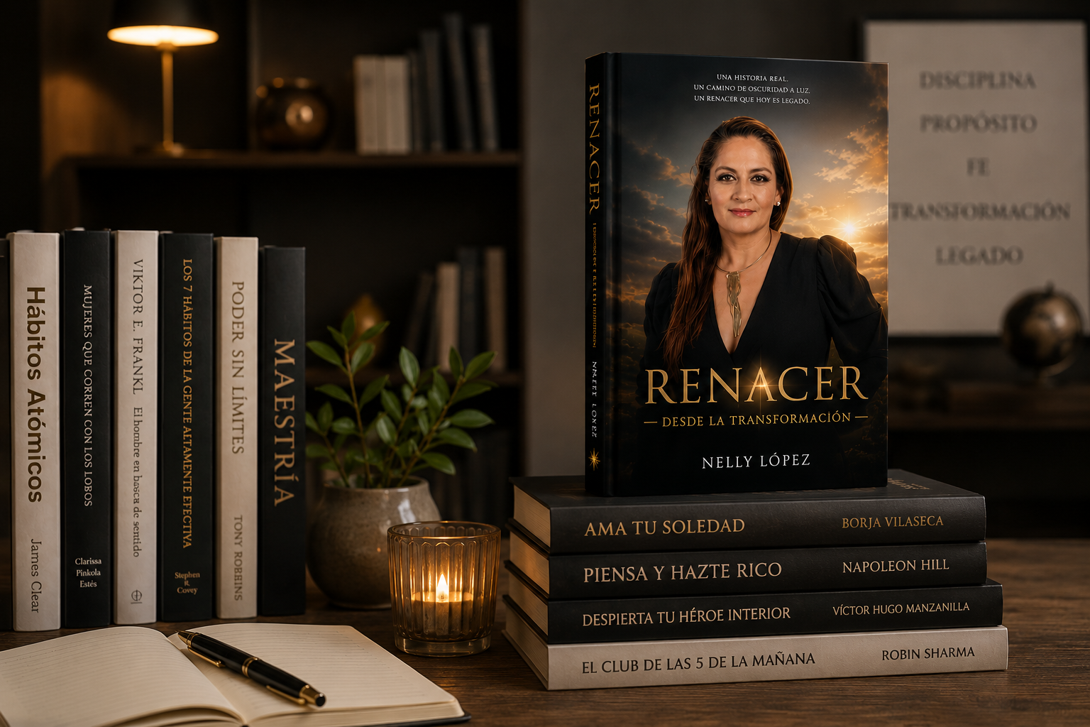 Libro Renacer sobre libros en escritorio